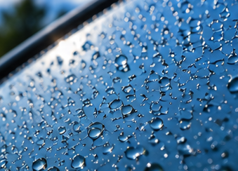 雨粒が丸く弾いているコーティング施工後の車のサイドウィンドウ